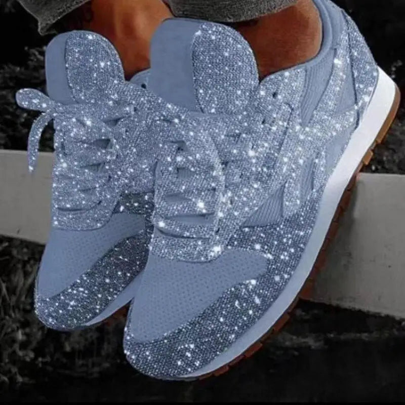 s Plus Size Sparkling Rhinestone-Adorned Sneakers - Glittering Sequin Platform Heel, Breathable PU
